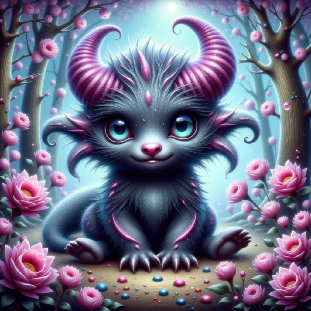 Whimsical Dark Gray Monster in a Fantastical Setting