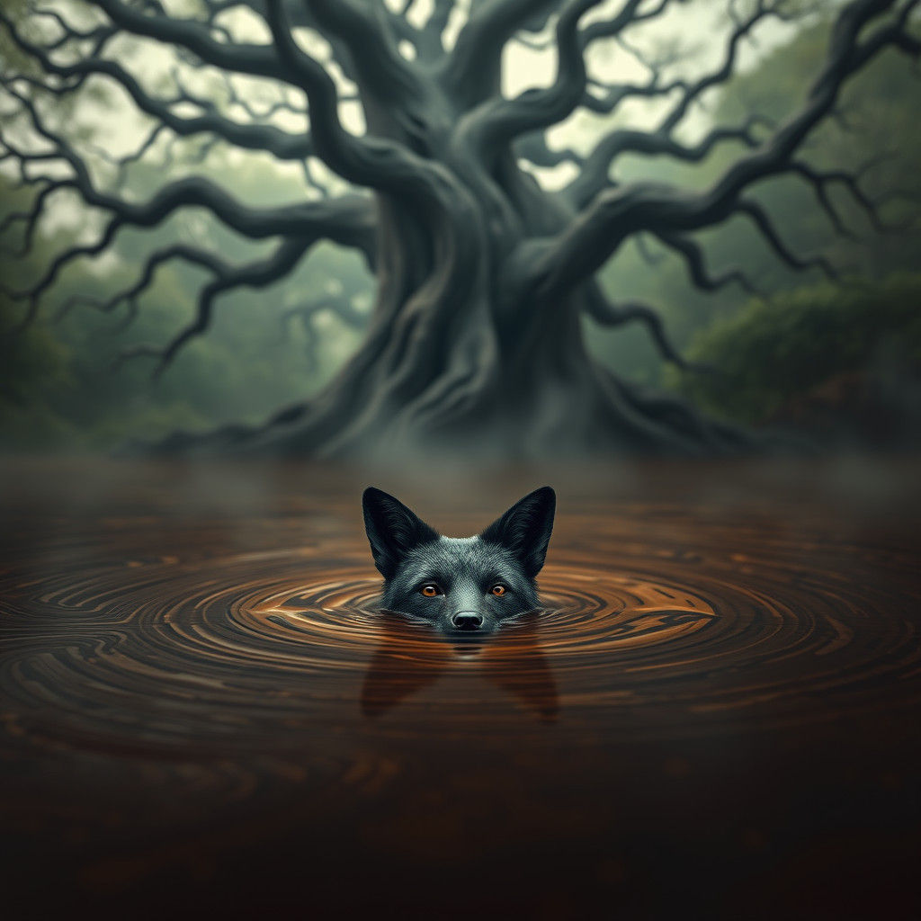 Fox Head Emerges from Coffee Pond as Digital Art