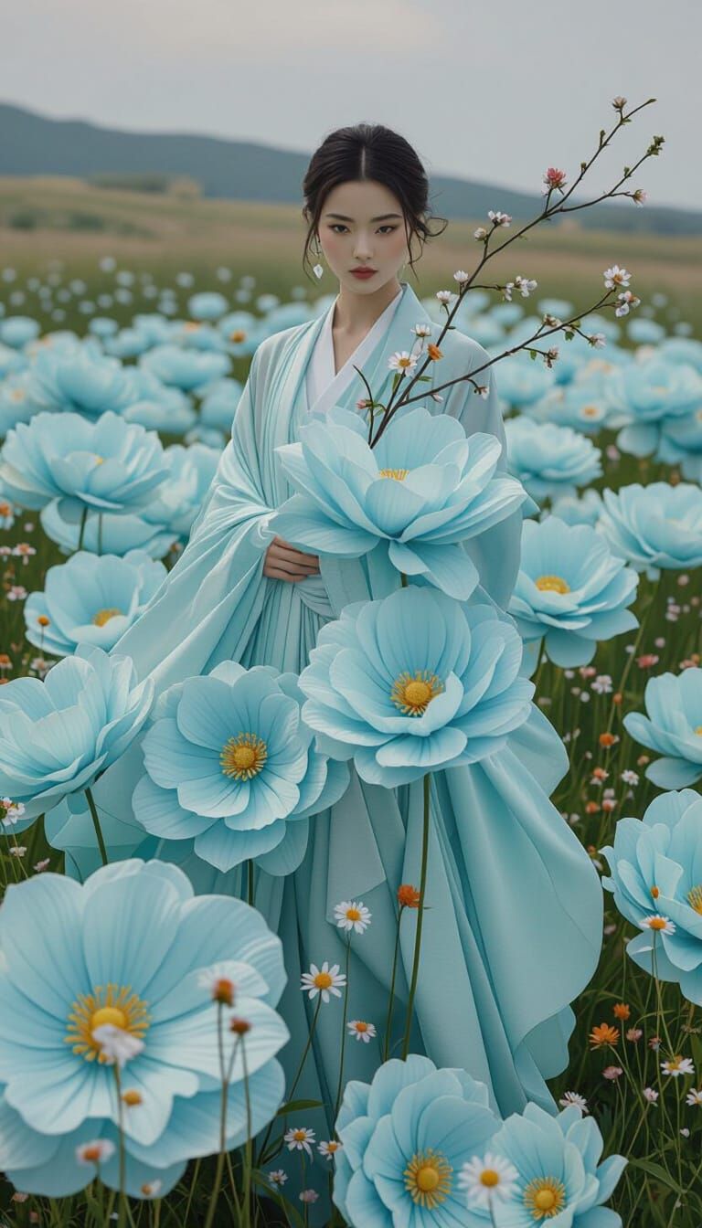 Model in Meadow with Blue Flowers: Surreal Art