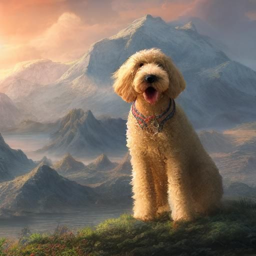 Golden Doodle at Sunset: Fantasy Concept Art