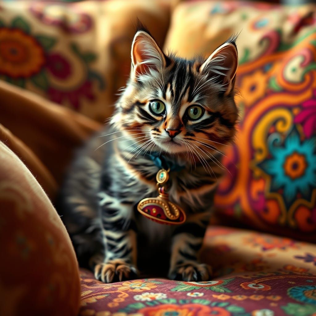 Mexican Tabby Cat Relaxing on Colorful Couch