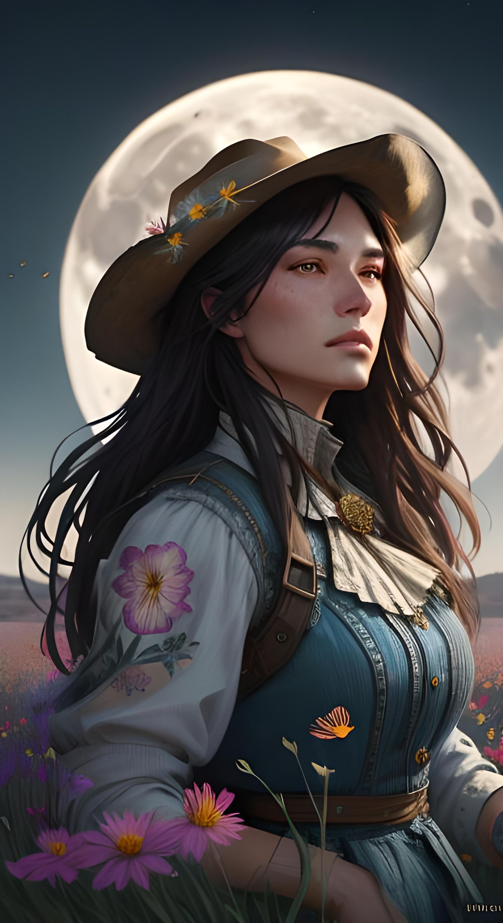 Cowgirl in Moonlit Flower Field: Detailed Portrait