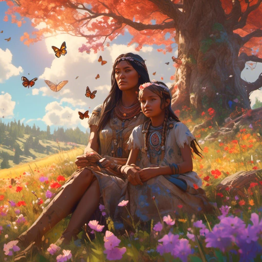 Native American Mother and Daughter in Sunny Field