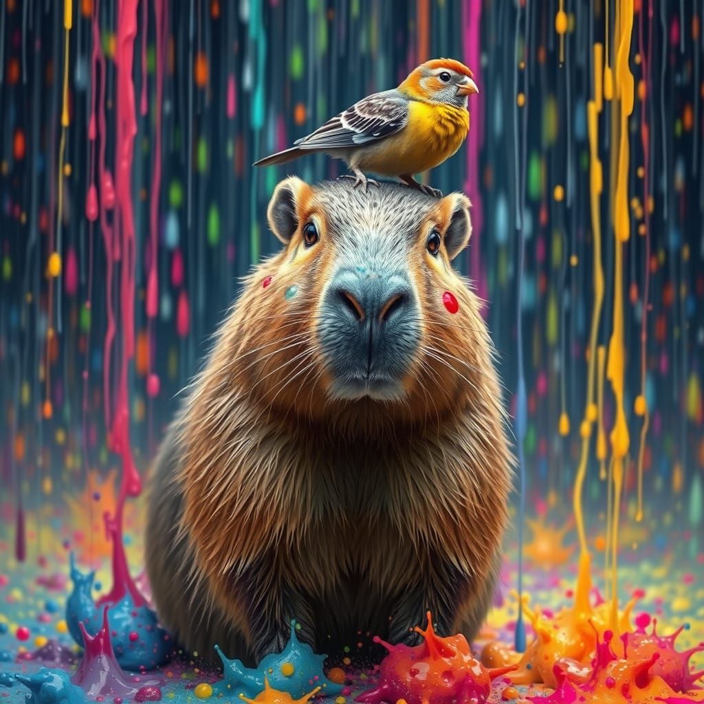 Hyper-Realistic Capybara Amidst Whimsical Paint Droplets