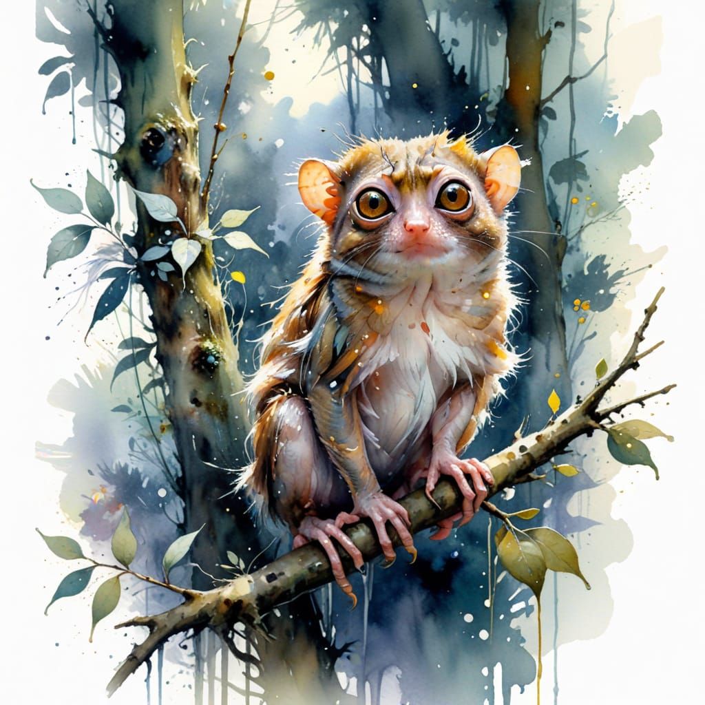Tarsier in Twilight Forest, Watercolour Splatter Art