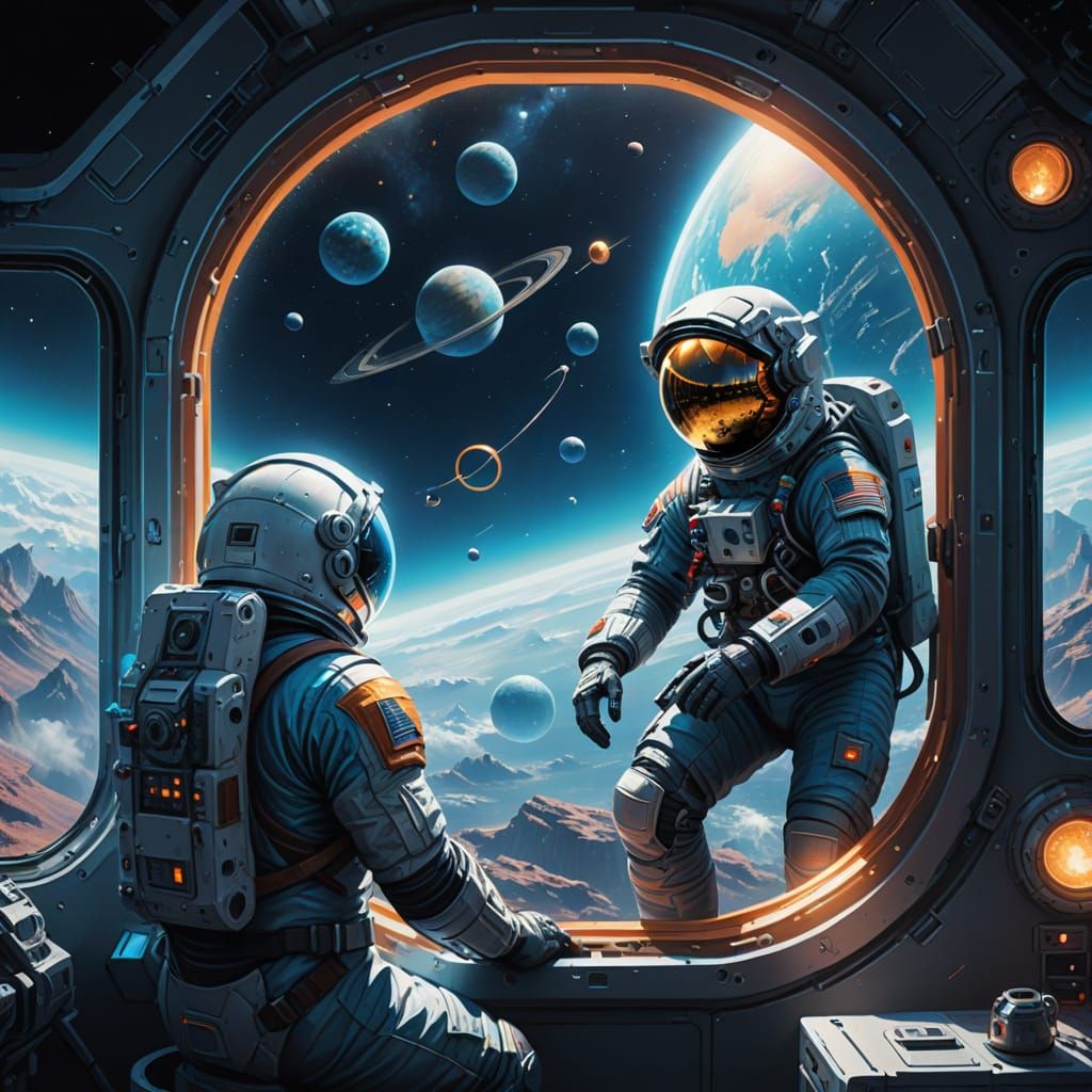 Astronaut Gazing Out at a Ringed Earth-Like Planet in a Vibr...