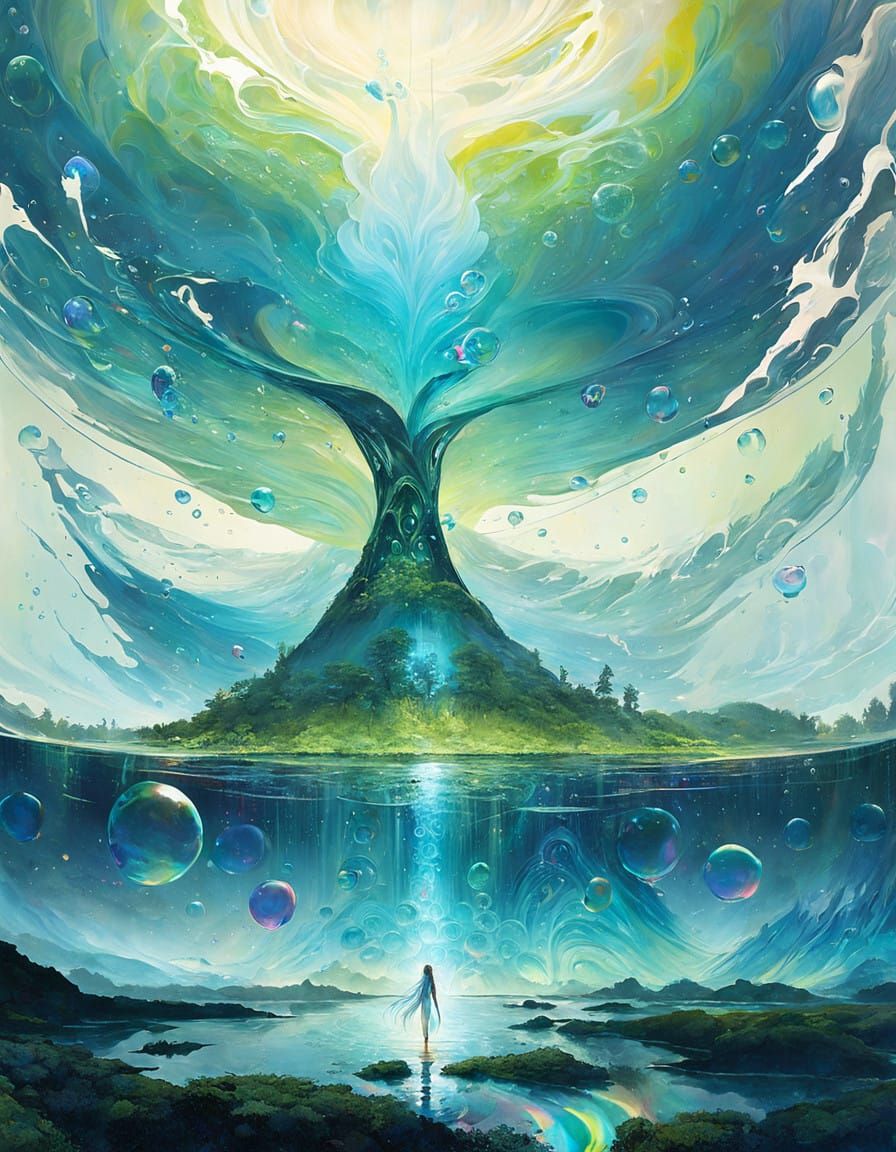 Serene Liquid Goddess with Iridescent Bubble Hair