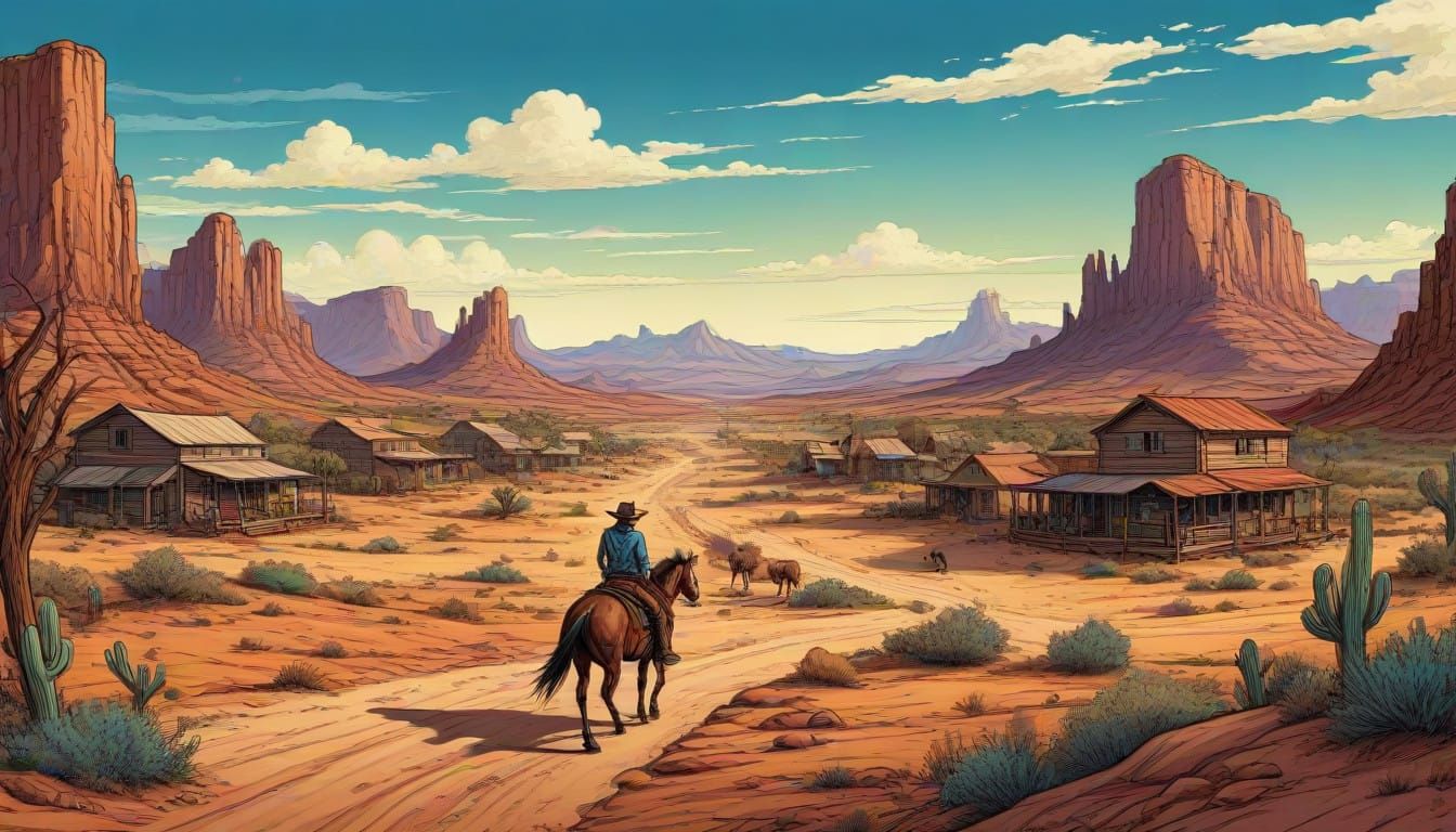 Whimsical Wild West Landscape in Vibrant Ink