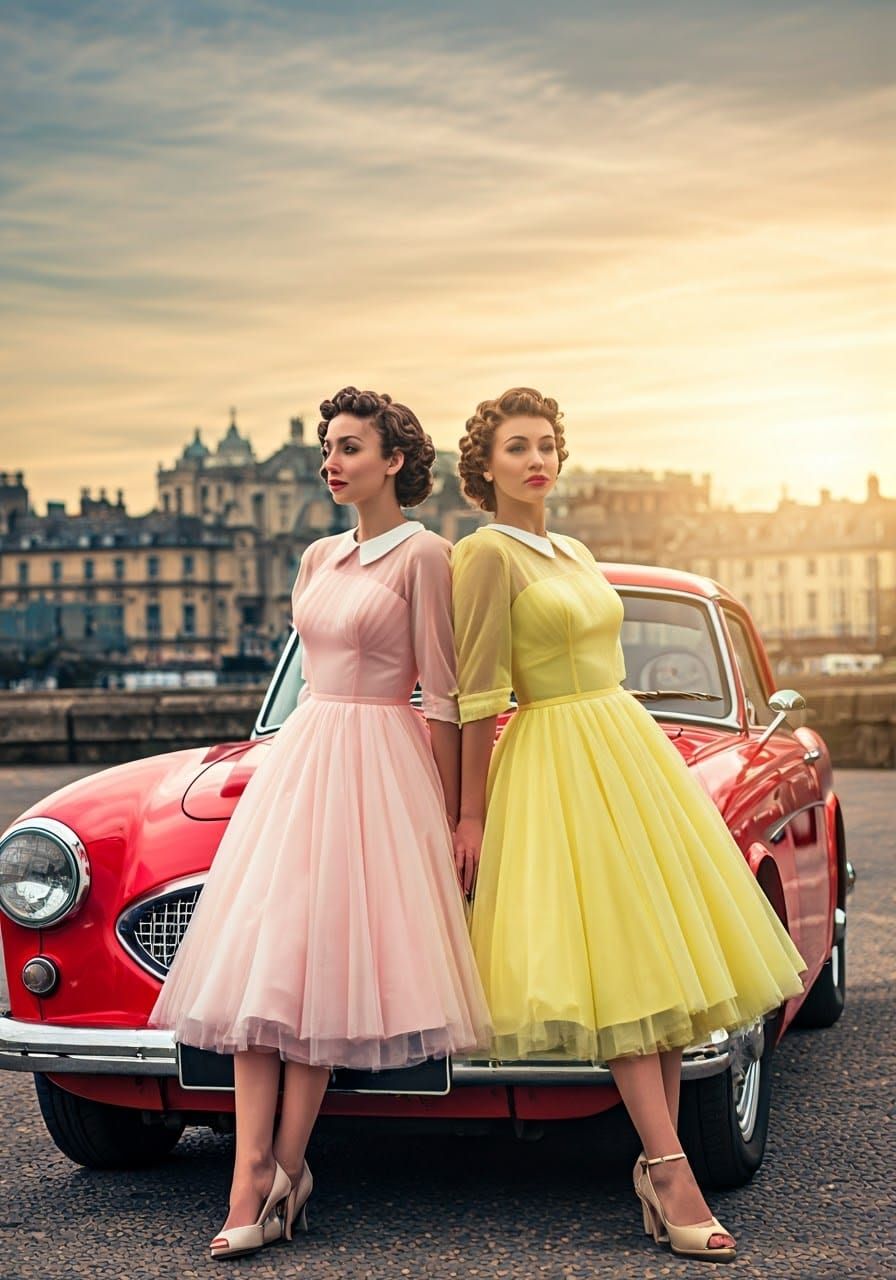 Glamorous Women in 1950s Gowns Posing on Red Car