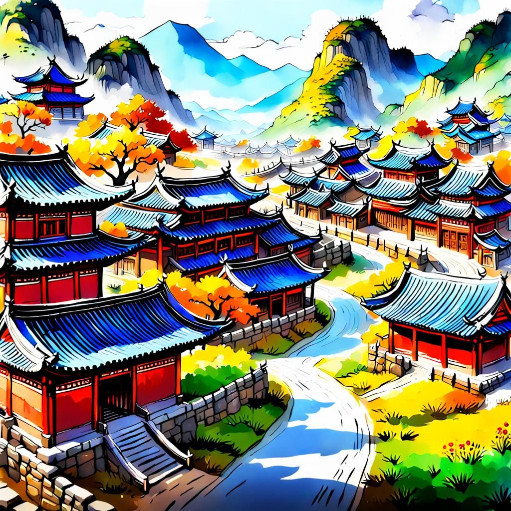 Traditional Oriental Cityscape with Fantastical Elements in...