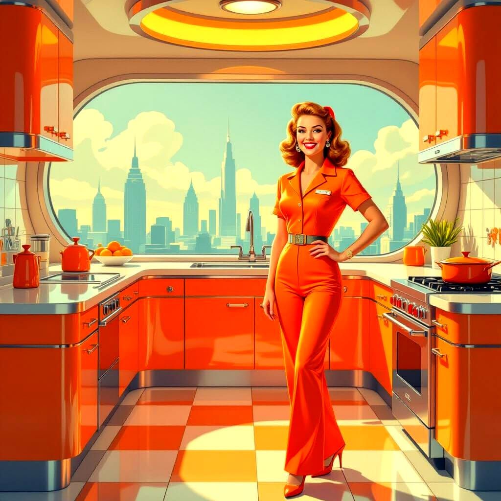 Retro-Futuristic 1950s Housewife in Shiny Jumpsuit