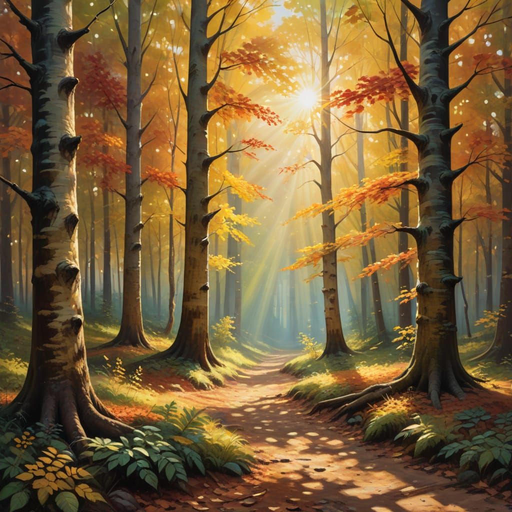 Vibrant Autumn Landscape in Warm Oil Painting Style