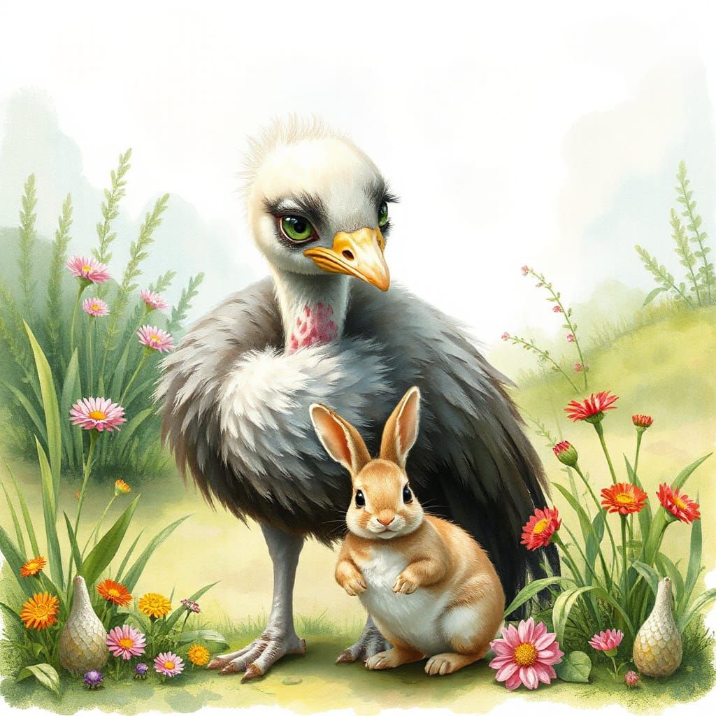 Whimsical Emu and Bunny in Enchanted Landscape