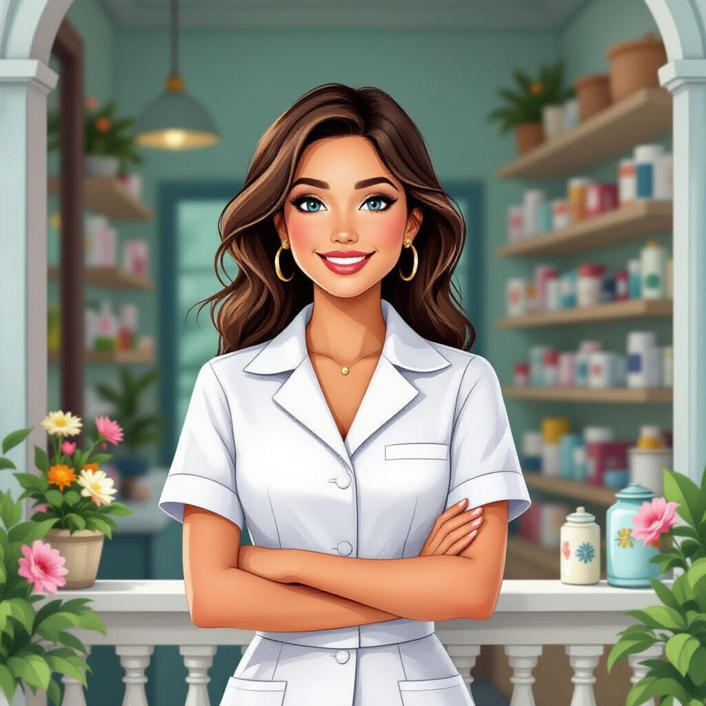 Elegant Pharmacy Clerk Illustration in Mixed Media Style
