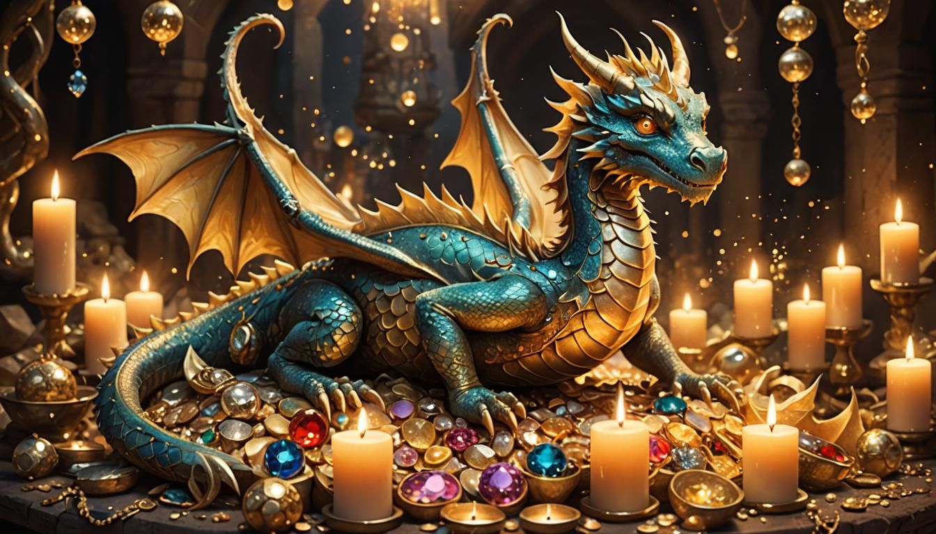 Friendly Dragon on Treasure Hoard in Fantasy Art