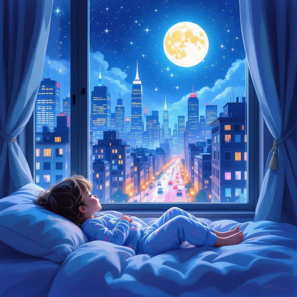 Child Gazing at City Lights in Surreal Style