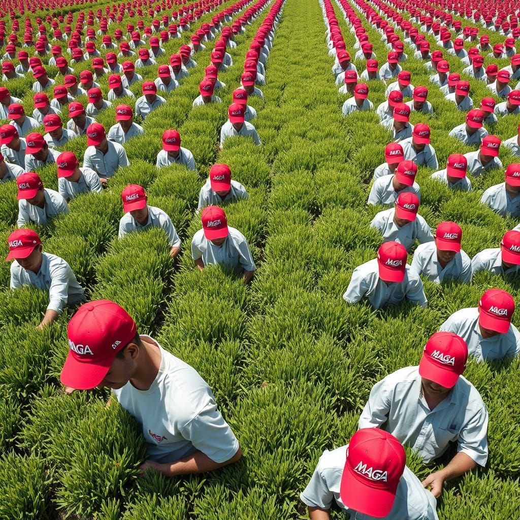 Rural Laborers Tended to MAGA-Branded Crops in a Sunny Field