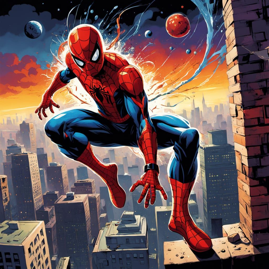 Spider-Man Parkour Under Haley's Comet in Comic Style