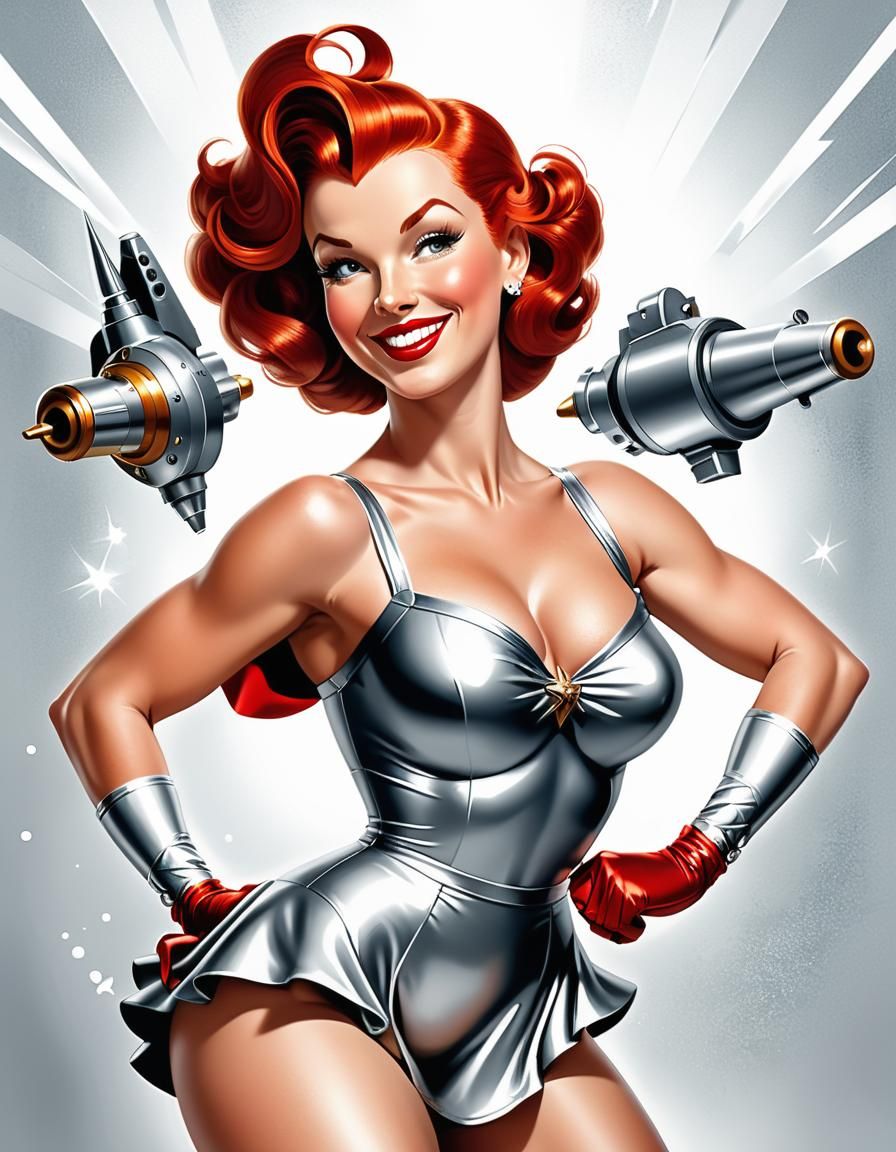 Retro Sci-Fi Pinup with Raygun in Metallic Style