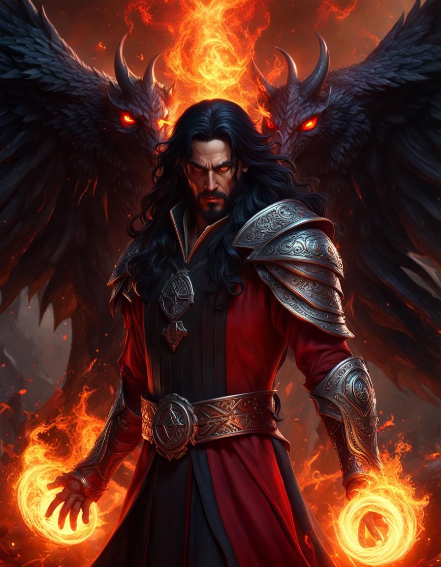 Master Wizard Wielding Fire Magic in Dark Fantasy Art