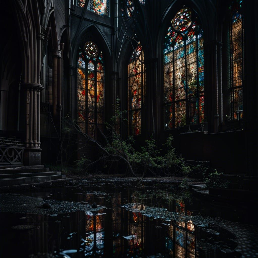 Sinister Gothic Cathedral with Reflective Puddles