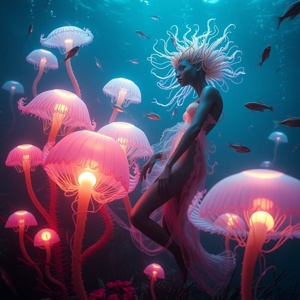 Bioluminescent Alien Queen in Underwater Giger-esque World