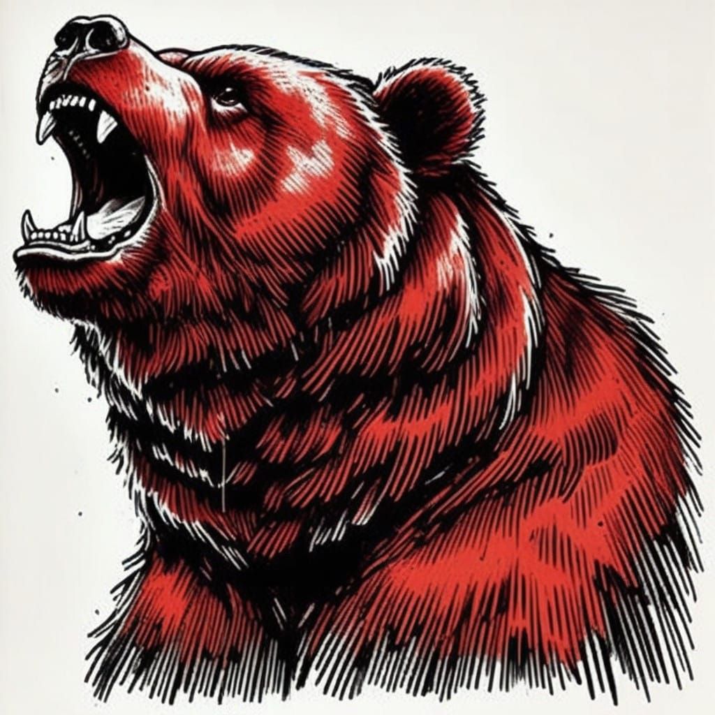 Intense Kodiak Bear Portrait in Redscale Black-Ink Style