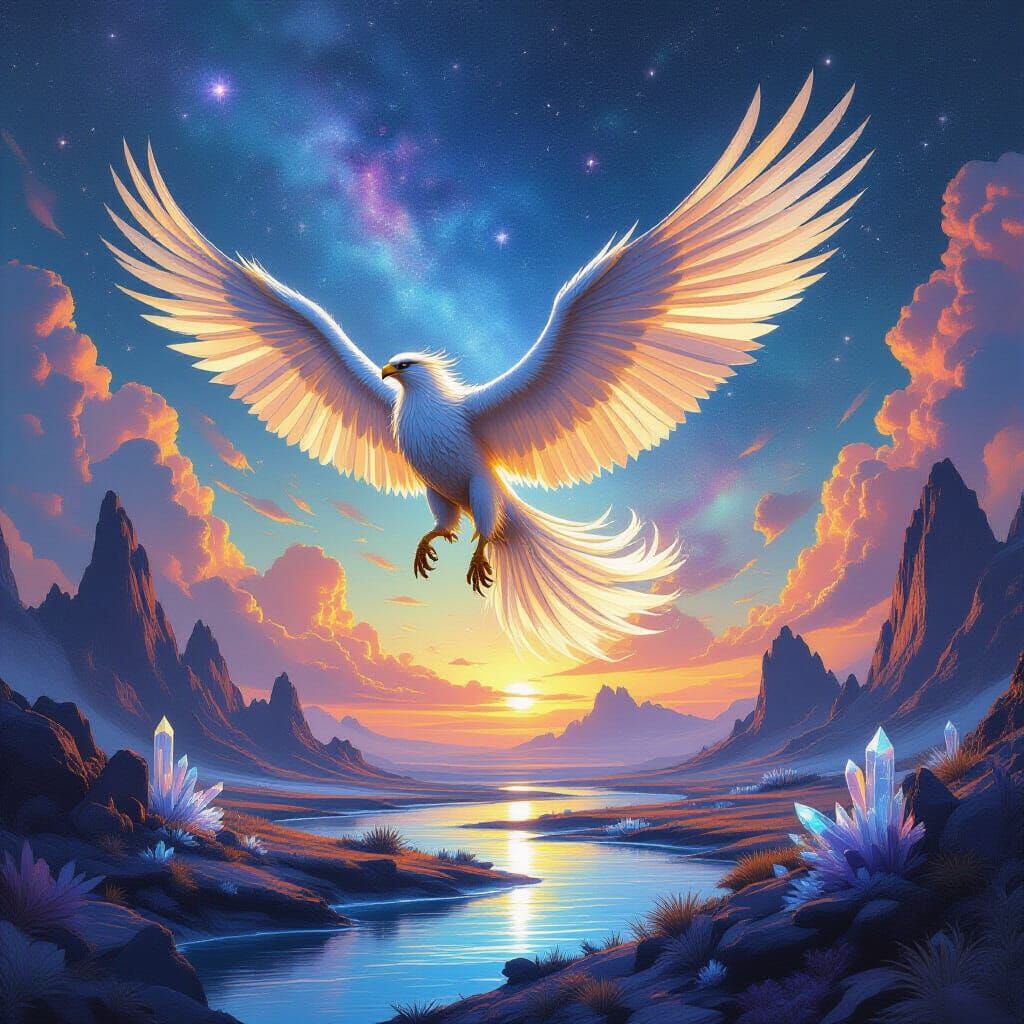 Majestic Griffin Soars Through Nebula Sky in Epic Fantasy Ar...