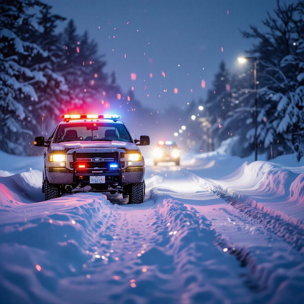Emergency Vehicle Stuck in Blizzard with Flashing Lights