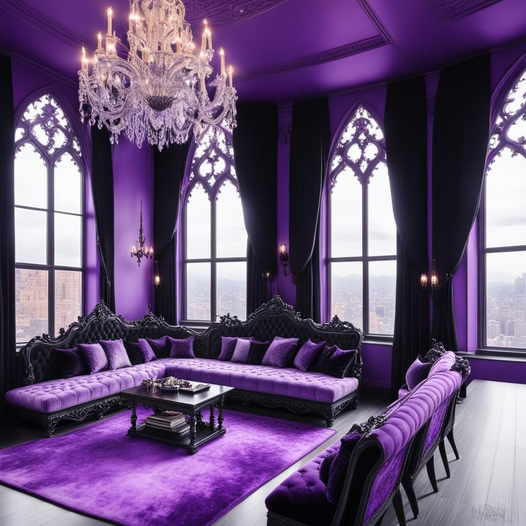 Beautiful gothic penthouse with beautiful purple walls with black accents& huge Gothic windows with Beautiful view outsi...