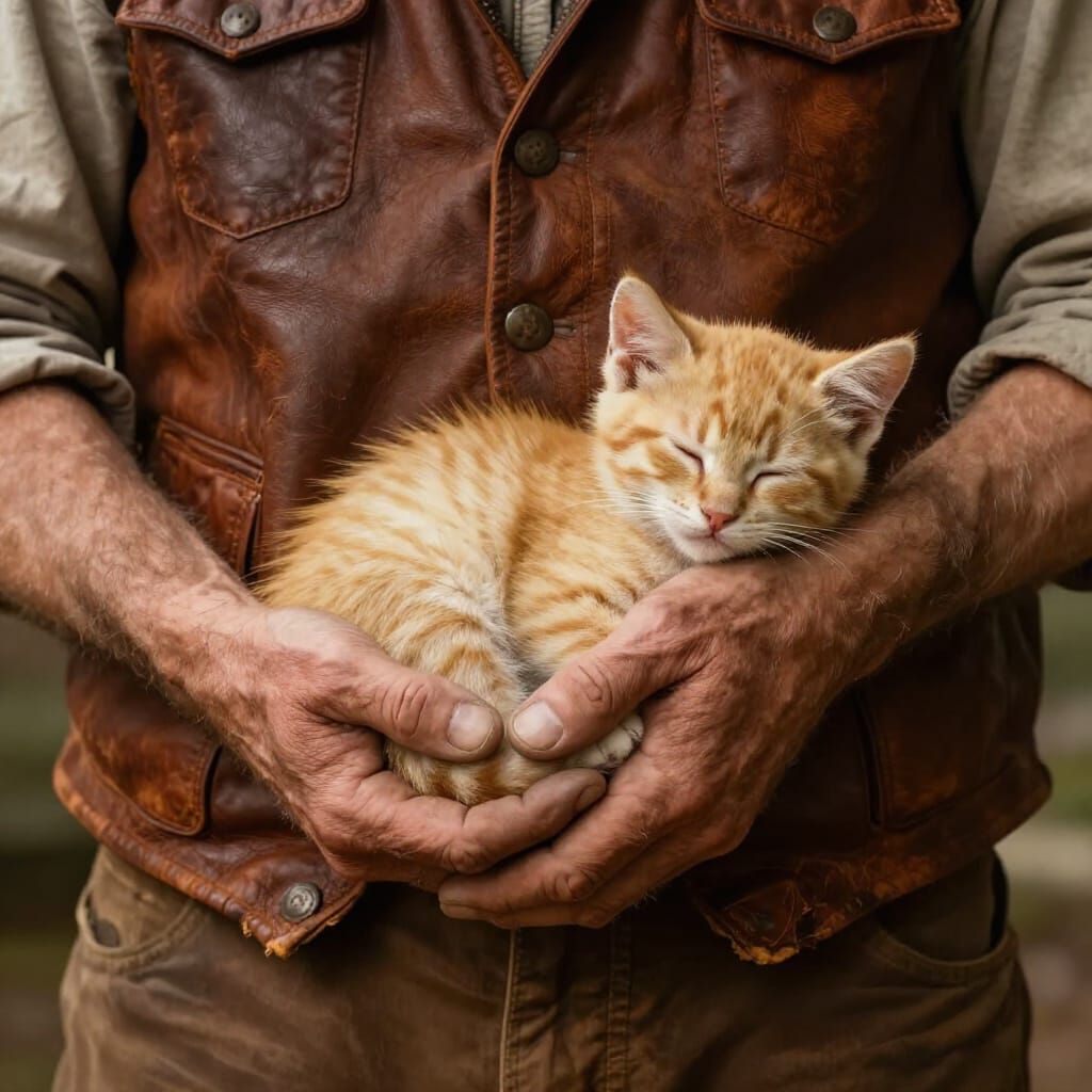 Fluffy Kitten Sleeps in Warrior's Hands