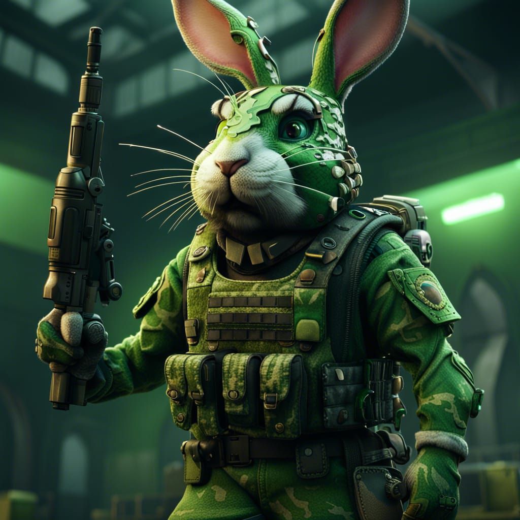 Camouflage Bunny Drill Sergeant: Detailed Digital Art