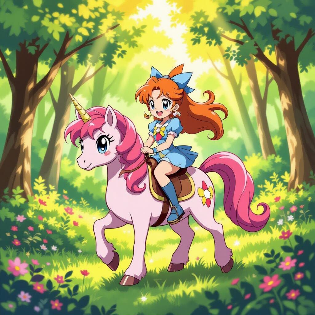 Serena From Pokemon Rides Pink Pony In Anime Forest