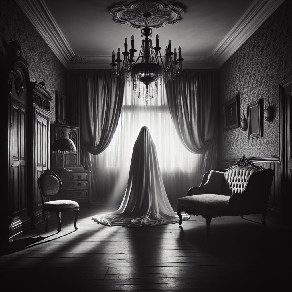 Eerie Ghost Figure in Vintage Room