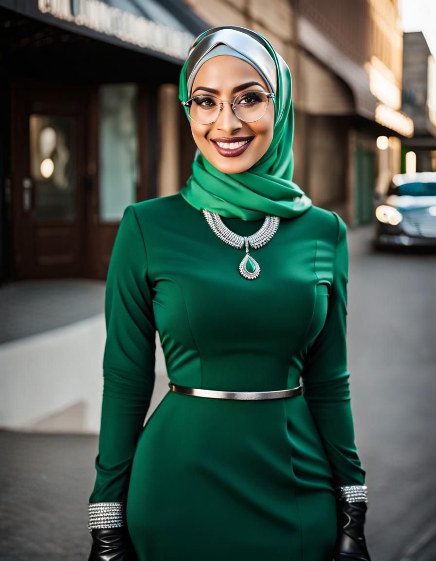 Beautiful Hijabi Woman in Green Dress Fashion Shot