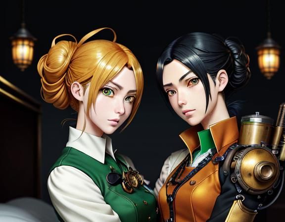 Steampunk Anime Twins Kissing in Manga Style