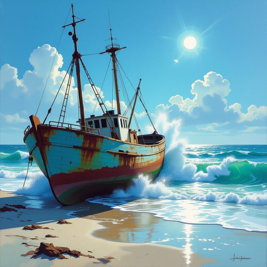 Dramatic Oil Painting of Shipwreck on Spring Morning