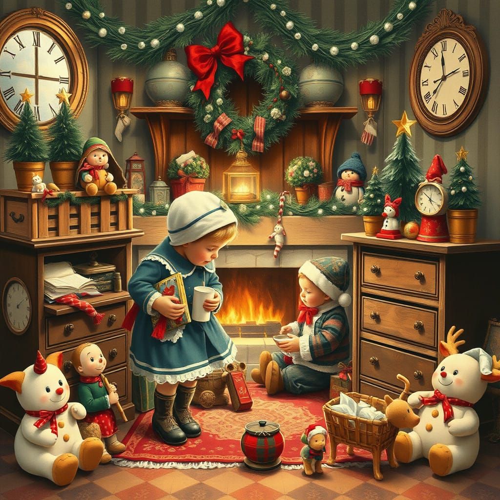 Vintage Santa Claus Surrounded by Classic Toys and Antique F...