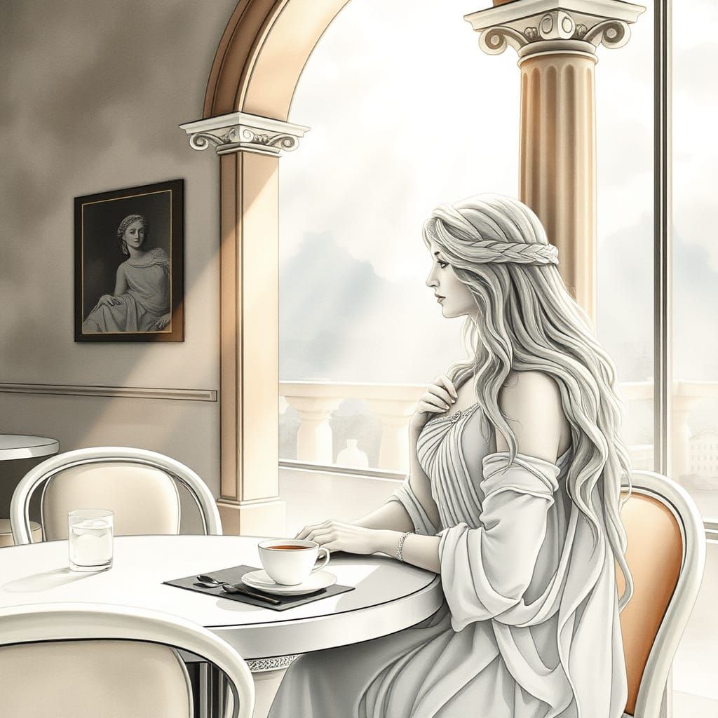 Aphrodite in Cafe: Botticelli Style Watercolor