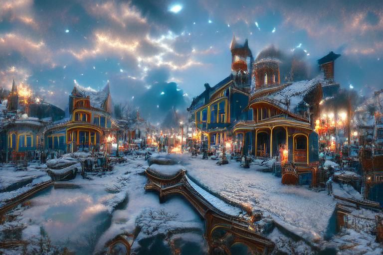 Magical Snowy Victorian Town at Night