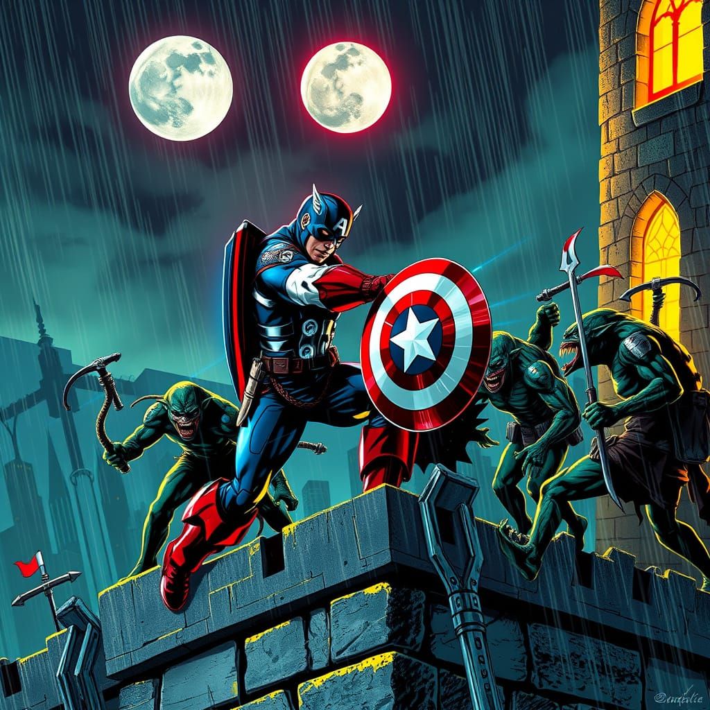 Captain America Battles Goblins in Futuristic Gothic Tower