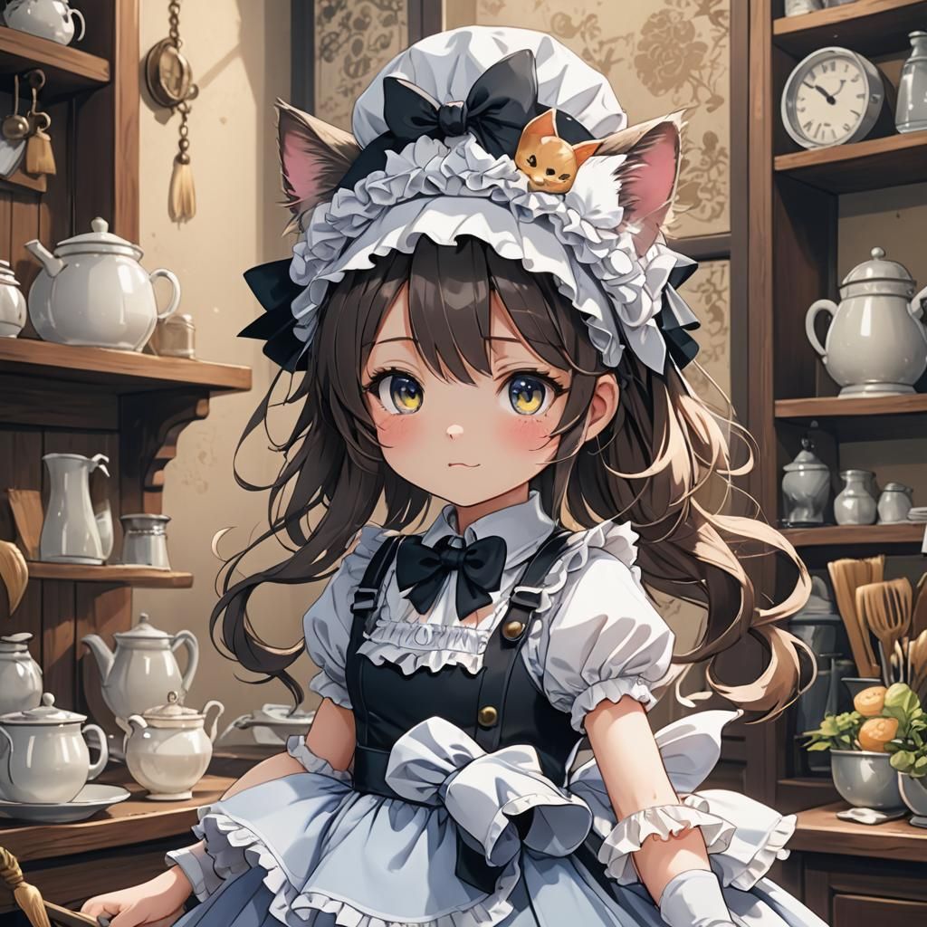 Anime Cat Maid in Cel-Shaded Style