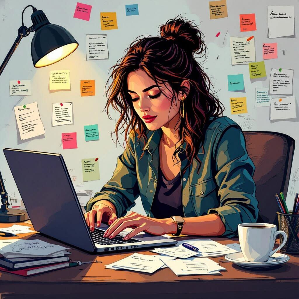 Busy Blogger at Desk in Vibrant Illustration Style