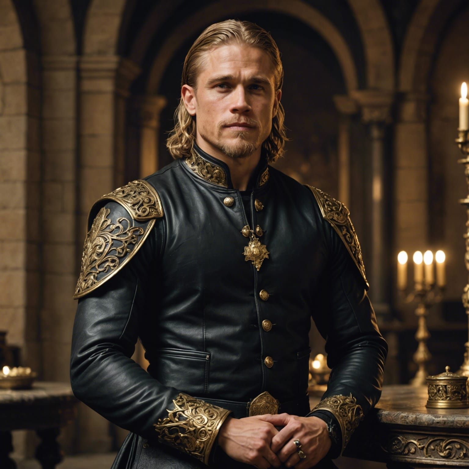 Handsome Man in Medieval Clothing with Gold Details