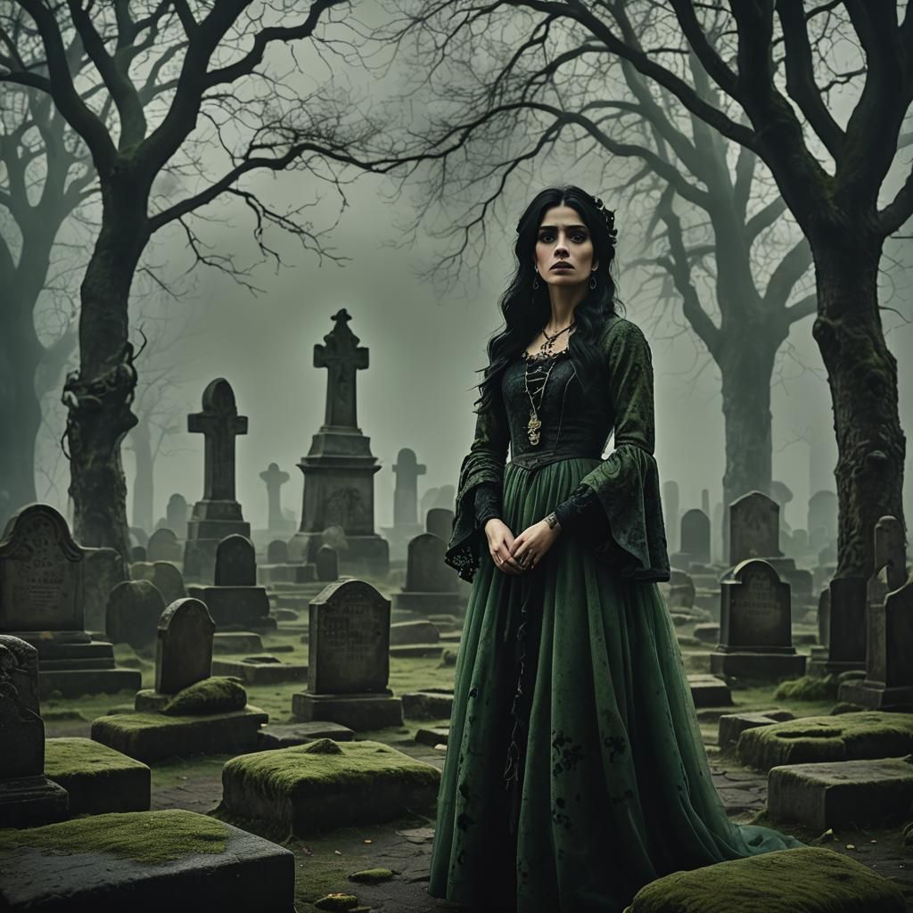Spanish Woman in Misty Graveyard, Gothic Romanticism