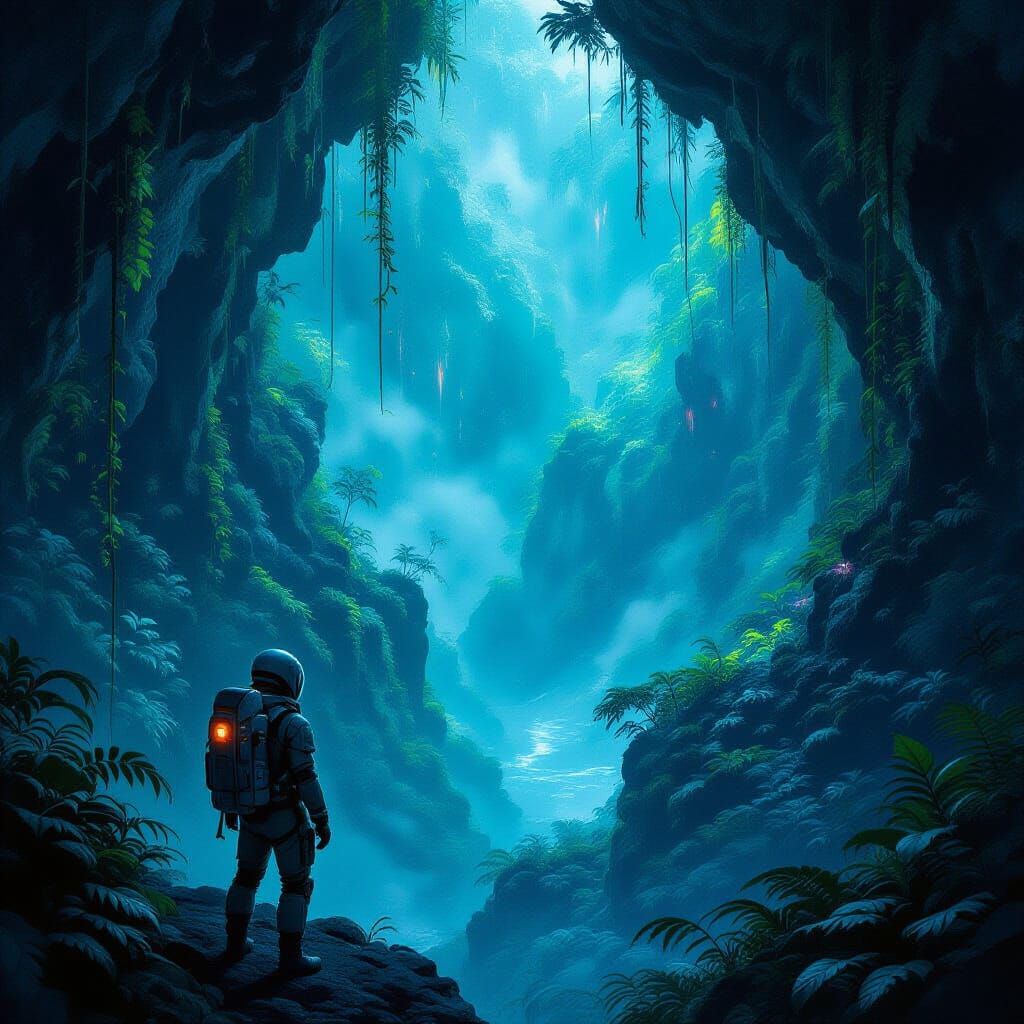 Explorer at Alien Chasm Edge in Bioluminescent Jungle