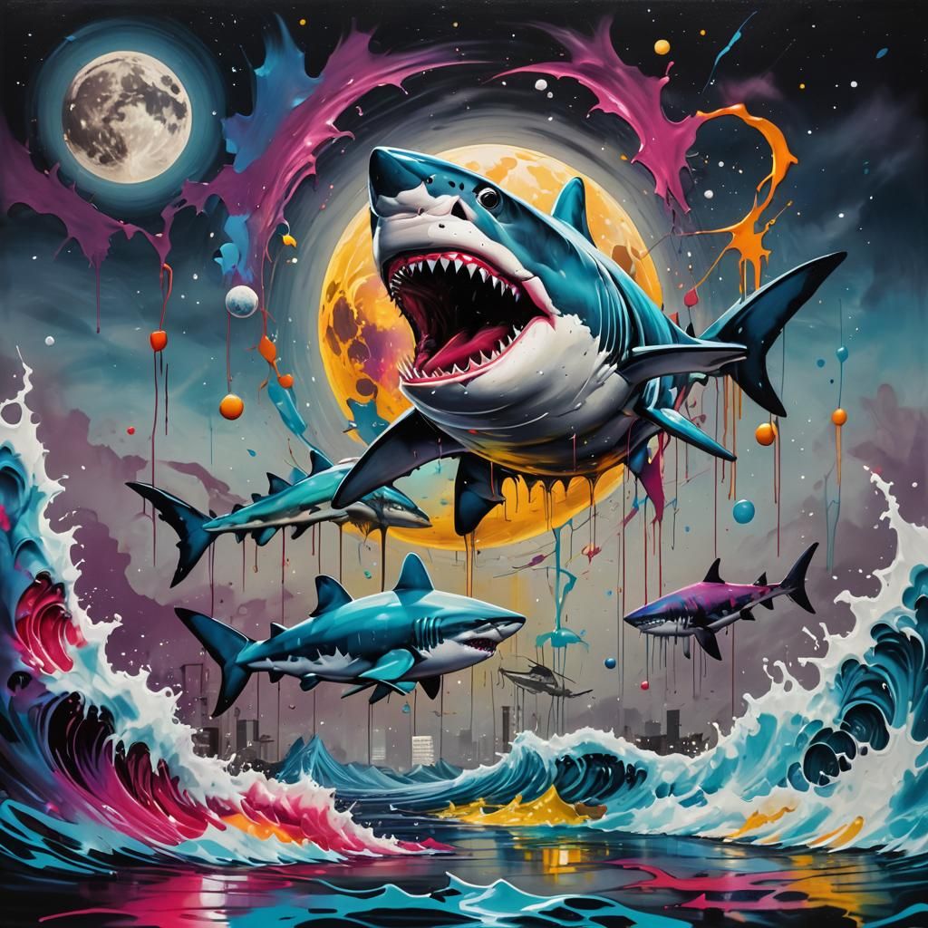Shark Swimming Around Moon in Graffiti Art