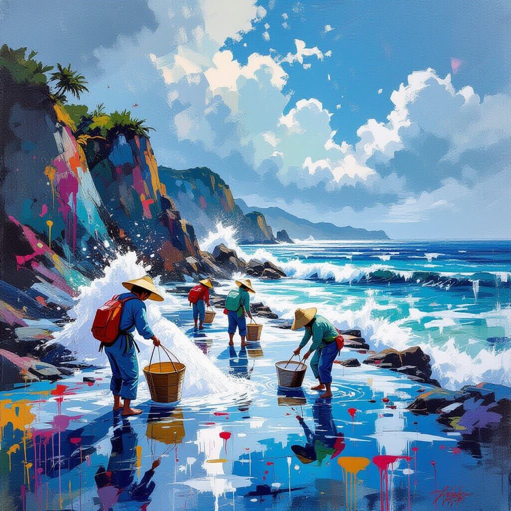 Japanese Salt Harvesters on Rugged Coastline