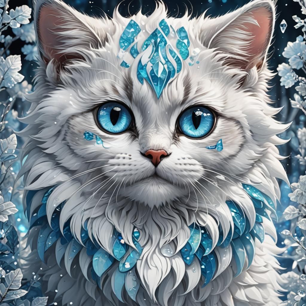 Icy Blue-Eyed Cat: Detailed Anime-Style Art