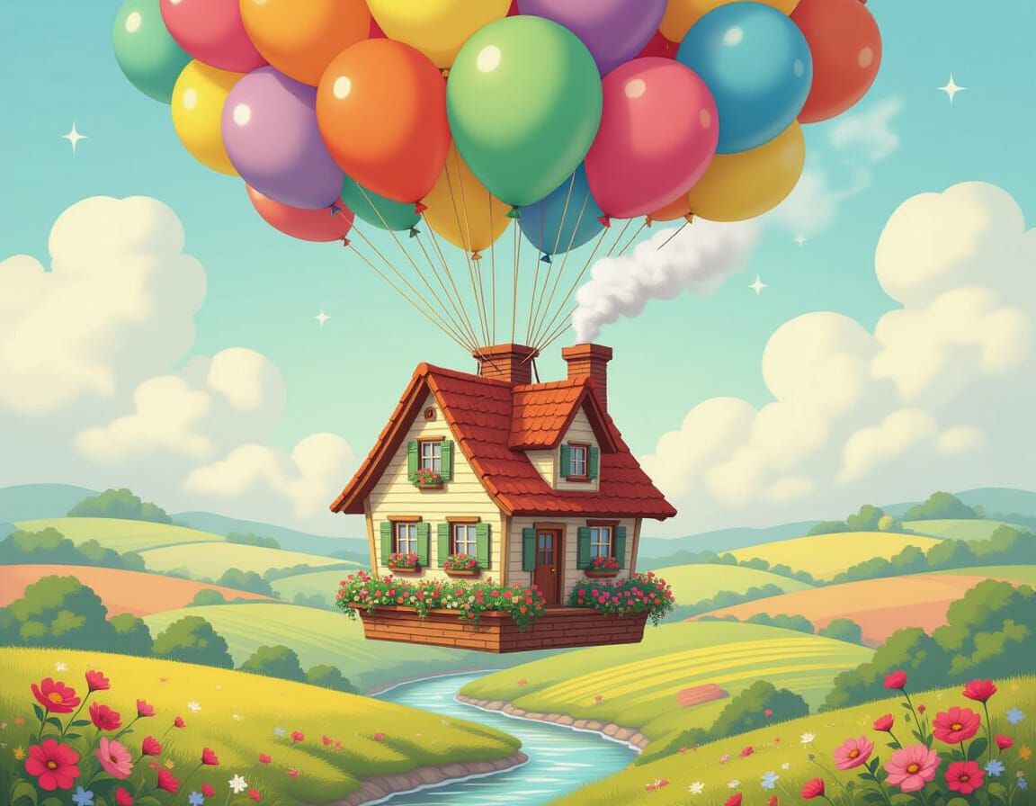 Whimsical Cottage Flight with Rainbow Balloons